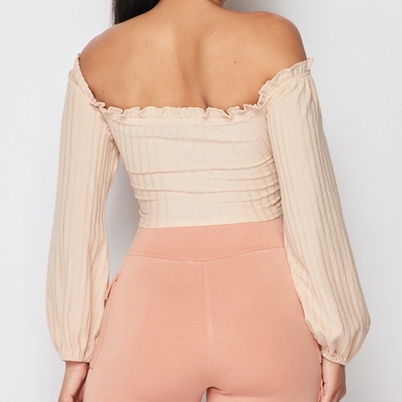 NEW Fashion Boutique Trendy Long Sleeve Off shoulders Crop top Blouse - Oatmeal - Picture 3 of 3